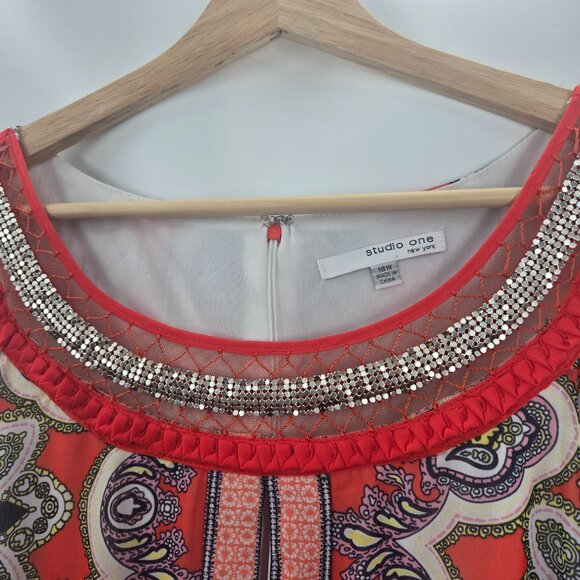 Studio One New York Bohemian Orange Gray Asymmetrical Hem Midi Dress Size 18W - Picture 4 of 9